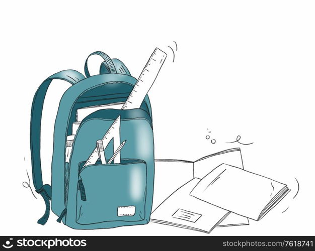 Hand drawn illustration of a school bag with stationery objects - Back to Shool