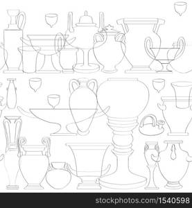 Hand drawn illustration of a seamless pattern with greek antique vessels isolated on white, black and white linear composition