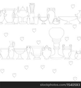 Hand drawn illustration of a seamless pattern with greek antique vessels over a transparent background, black and white graphic crowded composition