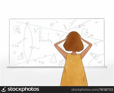 Hand drawn illustration of a student looking at math problem on whiteboard - Back to School
