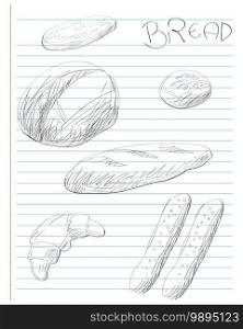 Hand drawn illustration of several bread assortments, doodles and handwritten text over an agenda page for a cookbook, bakery or menu