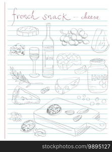 Hand drawn illustration of several french cheese assortments, fruits, honey, nuts and wine, doodles and handwritten text over an agenda page