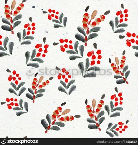 Hand drawn Japanese skimmia beautiful winter plant with red berries seamless pattern. Colorful creative illustration for print, natural border, textile, fabric, cover, wallpaer, wrapping paper. Hand drawn Japanese skimmia beautiful winter plant with red berries seamless pattern.