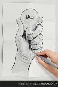 Hand drawn light bulb with IDEA word on crumpled paper as concept