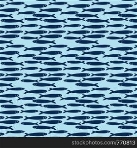 Hand drawn marine seamless pattern a group of anchovy fish on light blue background. Design for textile, wallpaper, card, menu, market