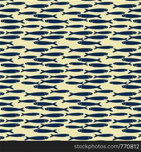 Hand drawn marine seamless pattern a group of anchovy fish on yellow background. Design for textile, wallpaper, card, menu, market