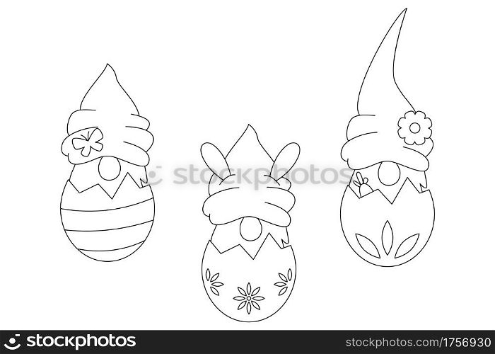Hand drawn Minimal line art Gnomes in decor Easter Spring Season, simple line art drawing illustration clipart, stamp for scrapbook, kid craft, coloring. Vector EPS10