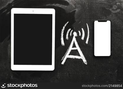 hand drawn network signal icon digital tablet cellphone chalkboard