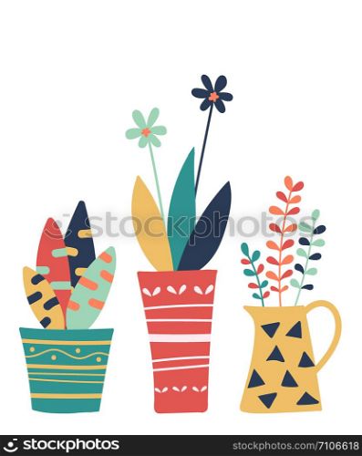 Hand drawn of colorful flowers pot isolated on white background. Vector illustration design.