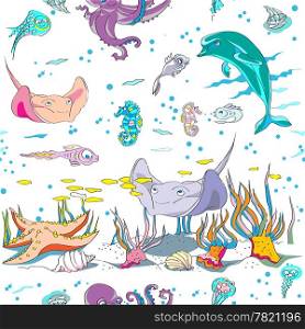 hand drawn pattern with sea creatures swimming underwater, colored doodles over white