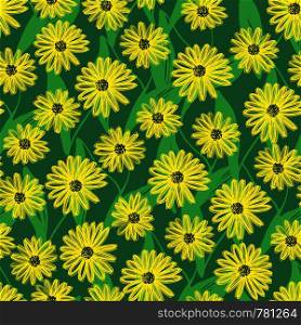 Hand-drawn plants on black background Artistic design. Seamless pattern with yellow flowers Hand drawn floral surface design