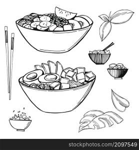 Hand drawn poke bowls (traditional Hawaiian food). Vector sketch illustration.. Poke bowls. Vector illustration.