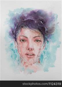 Hand drawn portrait of Watercolor beauty woman in water and swiming. Painting illustration on white paper background