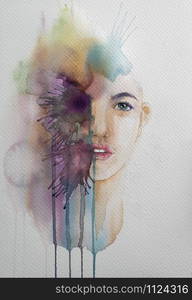 Hand drawn portrait of Watercolor beauty woman. Painting illustration on white paper background