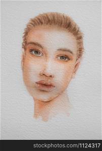 Hand drawn portrait of Watercolor beauty woman. Painting illustration on white paper background