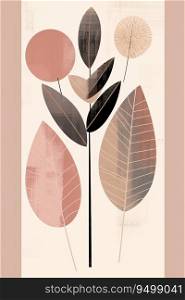 Hand drawn poster with a plant and leaves design in pinks and browns