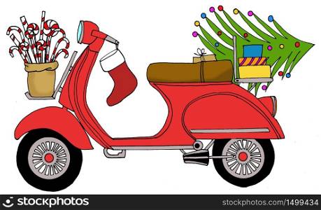 Hand drawn scooter with christmas gifts on luggage rack