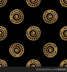 Hand drawn seamless pattern. Gold ethnic ornament, abstract geometric background. Golden circles illustration.. Hand painted seamless pattern. Gold ethnic ornament, abstract geometric background. Golden texture.