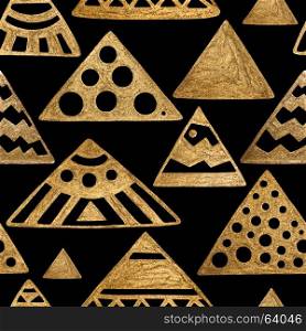 Hand drawn seamless pattern. Gold ethnic ornament, abstract geometric background. Golden pyramids illustration.. Hand drawn seamless pattern. Gold ethnic ornament, abstract geometric background. Golden rhombus illustration.