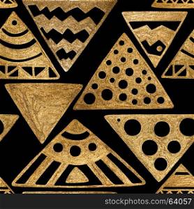 Hand drawn seamless pattern. Gold ethnic ornament, abstract geometric background. Golden rhombus illustration.. Hand drawn seamless pattern. Gold on black ethnic ornament, abstract geometric background. Golden rhombus illustration.