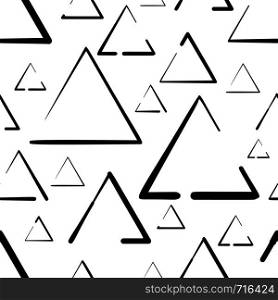 Hand drawn seamless pattern isolated on white. Endless vector primitive background with black line triangles. Vector illustration.. Hand drawn seamless pattern with triangles isolated on white background.