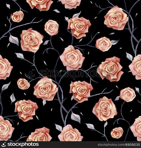 Hand Drawn seamless pattern of Roses. Roses. Hand Drawn Floral Pattern. Watercolor illustration, vintage style