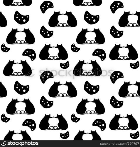 Hand drawn seamless pattern of silhouette cheeses and rats on white background. Design for banner, poster, card, wrapping paper, web, blog, textile