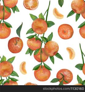 Hand drawn seamless pattern Realistic botanical drawing with acrylic paint. Branch with tangerine fruits, whole, cut and slice of tangerines isolated on white background. Element for design, wallpaper