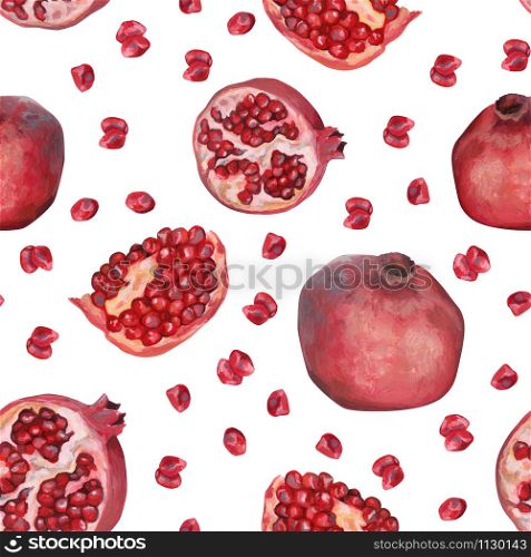 Hand drawn seamless pattern. Realistic drawing with acrylic paint. Pomegranate fruits, whole, pieces and seeds of pomegranate isolated on white background. Botanical wallpaper. Health organic food.