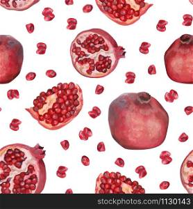 Hand drawn seamless pattern. Realistic drawing with acrylic paint. Pomegranate fruits, whole, pieces and seeds of pomegranate isolated on white background. Botanical wallpaper. Health organic food.