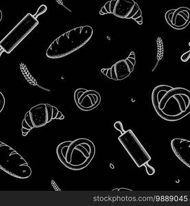 Hand drawn seamless pattern sketches on black chalkboard of bread and bakery products. Baked goods vintage background with bread, croissant, pretzel, rolling pin, crops. Variable color Vector.. Hand drawn seamless pattern sketches on chalkboard of bread and bakery products. Baked goods background. Vector illustration.