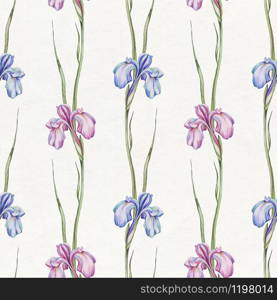 Hand drawn Seamless watercolor pattern with iris flowers. Watercolor pattern with spring iris flowers