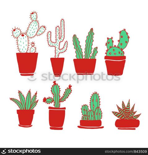 Hand drawn set home green cacti with red pots on white background in minimalistic scandinavian style. Perfect for fabric, textile, print, banner.