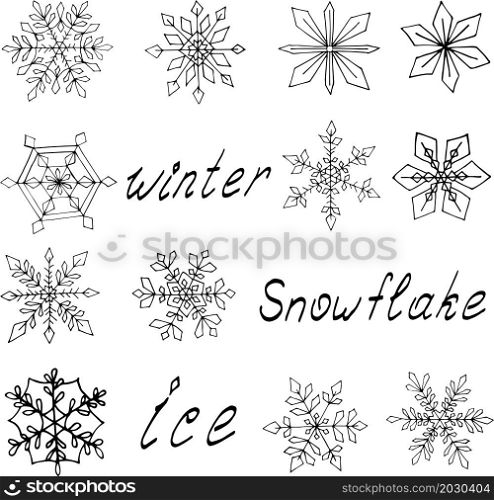 Hand drawn set with different snowflakes