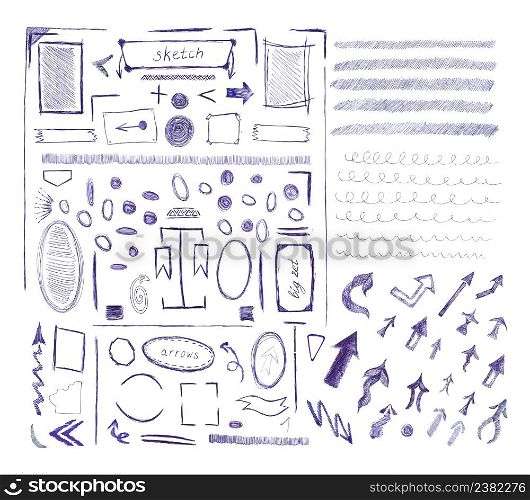 Hand drawn shapes circles squares speech bubbles lines.. Collection of blue pen arrow sign icon