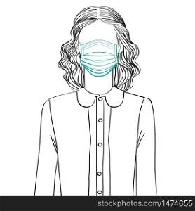 Hand drawn sketch illustration of an anonymous avatar of a young woman with vintage hairstyle and outfit, wearing a medical mask, web profile doodle isolated on white