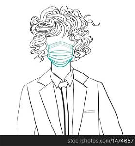 Hand drawn sketch illustration of an anonymous avatar of a young woman with wavy short hair in a men office suit, wearing a medical mask, web profile doodle isolated on white