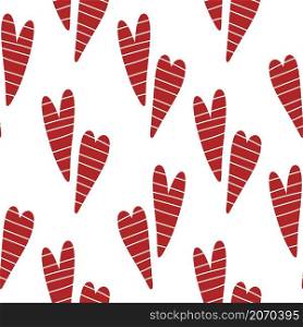 Hand drawn striped hearts seamless pattern. Background with red simple hearts vector illustration. Template for paper, packaging and design. Hand drawn striped hearts seamless pattern