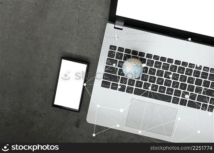 hand drawn texture globe with blank screen laptop computer and smart phone and social media diagram as internet concept on cement texture table background
