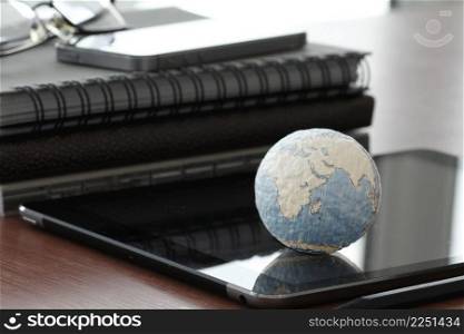 hand drawn texture globe with blank social media diagram on digital tablet computer as internet concept and bokeh exposure