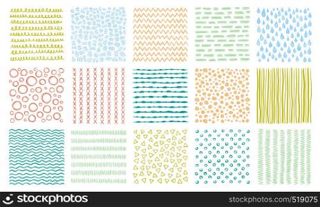 Hand drawn textures. Scribble pattern, curved lines patterns and lined texture. Creative flyer, geometric posters or abstract doodle sketch fabric. Vector background isolated signs set. Hand drawn textures. Scribble pattern, curved lines patterns and lined texture vector background set