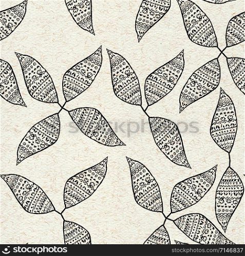 Hand drawn three leaves with texture in seamless pattern. Beautiful design for textile, fabric, cover, wallpaer, wrapping paper. Colorful creative illustration for print, natural border.. Hand drawn three leaves with texture in seamless pattern.