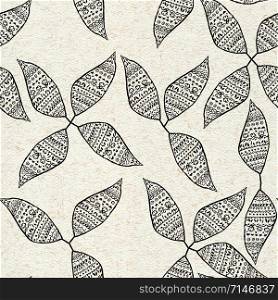 Hand drawn three leaves with texture in seamless pattern. Beautiful design for textile, fabric, cover, wallpaer, wrapping paper. Colorful creative illustration for print, natural border.. Hand drawn three leaves with texture in seamless pattern.