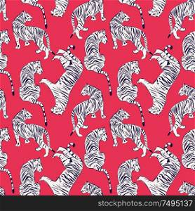 Hand drawn tiger seamless pattern, big cats in different position, white tigers on red, exotic background, flat vector illustration