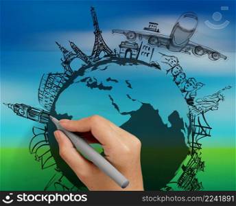 hand drawn traveling around the world by air plane on nature background 