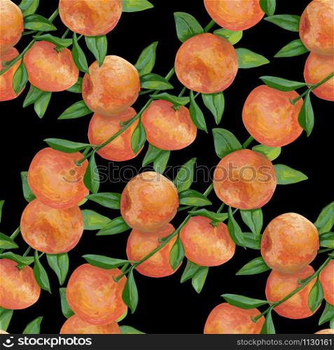 Hand drawn tropical seamless pattern. Realistic botanical drawing with acrylic paint. Branch with tangerine fruits on black background. Element design for wallpaper, wrapping, card, posters, fabric.