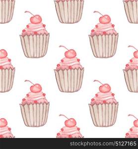 Hand drawn Valentine watercolor seamless pattern with cherry cake