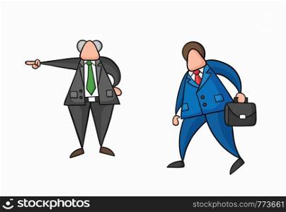 Hand-drawn vector illustration boss firing businessman worker. Colored and black outlines.
