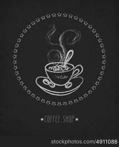 Hand drawn vector illustration of cup of hot coffee on blackboard. Concept image of coffeehouse, restaurant, menu, cafe, coffee shop