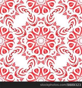 Hand drawn watercolor art. Decorative seamless pattern on a white background. Red ornamental damask. Can be used as a Christmas card or background, fabric and ceramic tiles, tableware. Red seamless ornamental watercolor arabesque paint tile pattern for fabric
